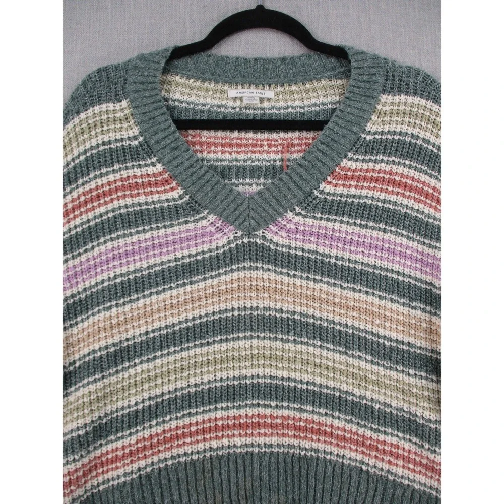 American Eagle Striped V-Neck Sweater Womens Medium Green Pink Knit Pullover